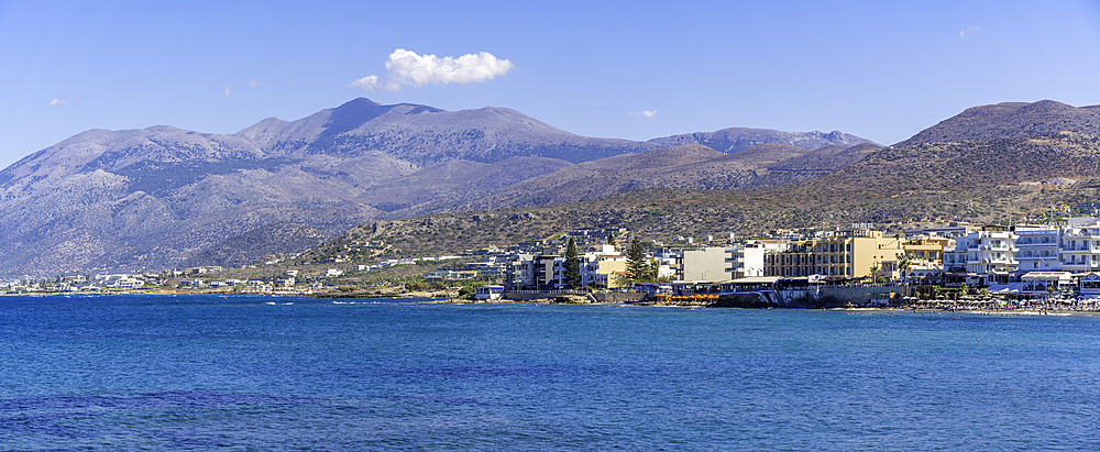 View of coastline and hotels in Limenas Chersonisou, Crete, Greek Islands, Greece, Europe