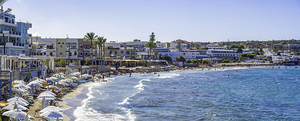 View of Akti Navarchou Nearchou Beach in Limenas Chersonisou, Crete, Greek Islands, Greece, Europe