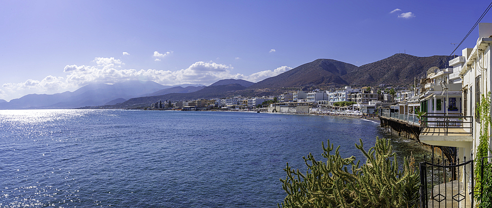 View of coastline and Paralia Limena Chersonisou Beach in Limenas Chersonisou, Crete, Greek Islands, Greece, Europe