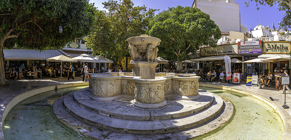 View of Morosini Fountain on a sunny day, City of Heraklion, Crete, Greek Islands, Geece, Europe
