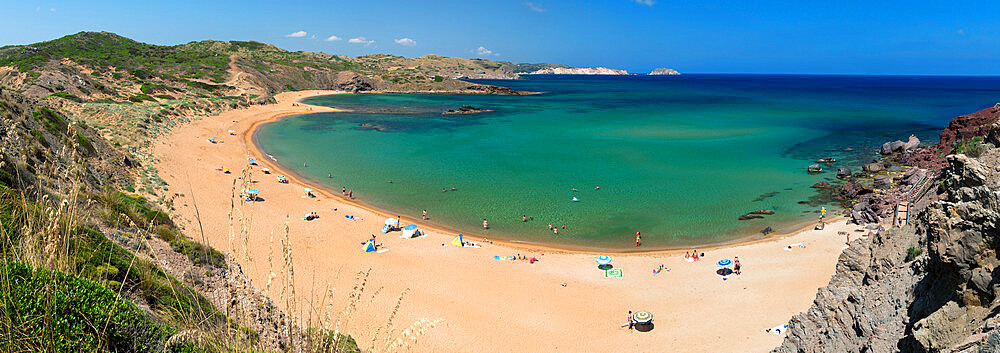 Panoramic view of Platja de Cavalleria (Cavalleria beach), near Fornells, North Coast, Menorca, Balearic Islands, Spain, Mediterranean, Europe