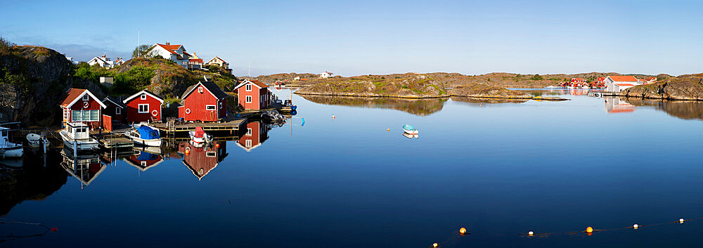 Red fishermen's huts and islands in archipelago, Stocken, Orust, Bohuslan Coast, Southwest Sweden, Sweden, Scandinavia, Europe