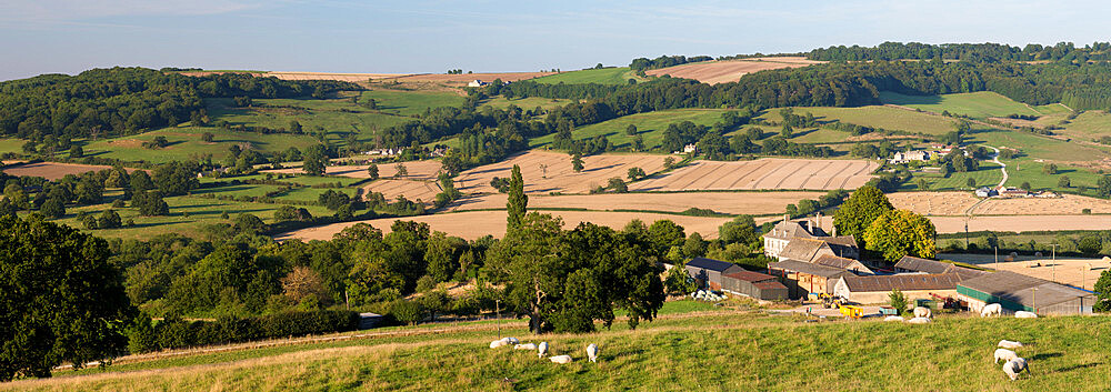 View over Wadfield farm and Cotswold farmland in summer, Winchcombe, Cotswolds, Gloucestershire, England, United Kingdom, Europe