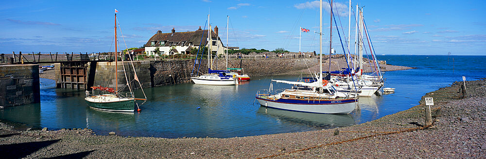 Yachts anchored in the harbour, Porlock Weir, near Minehead, Somerset, England, United Kingdom, Europe