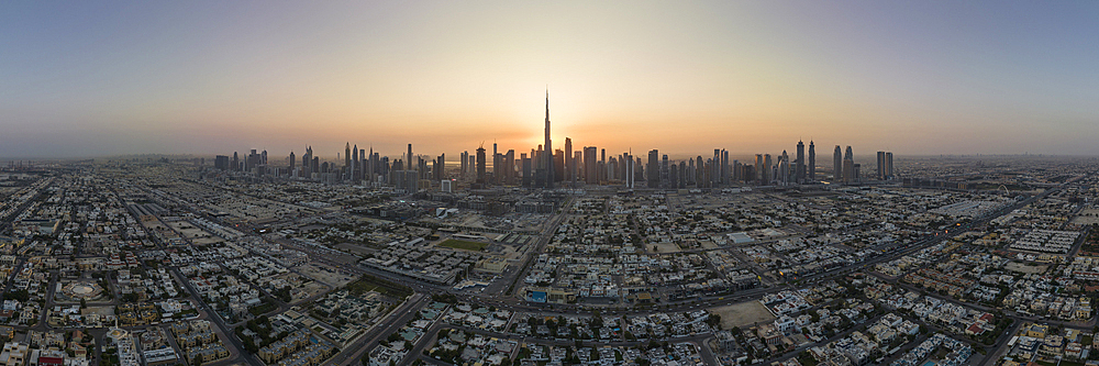 Aerial view of sunrise over Dubai, United Arab Emirates, Middle East