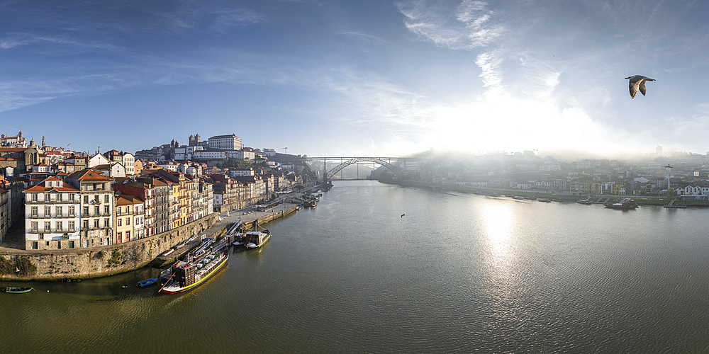 Aerial view of Porto at dawn, UNESCO World Heritage Site, Porto, Norte, Portugal, Europe