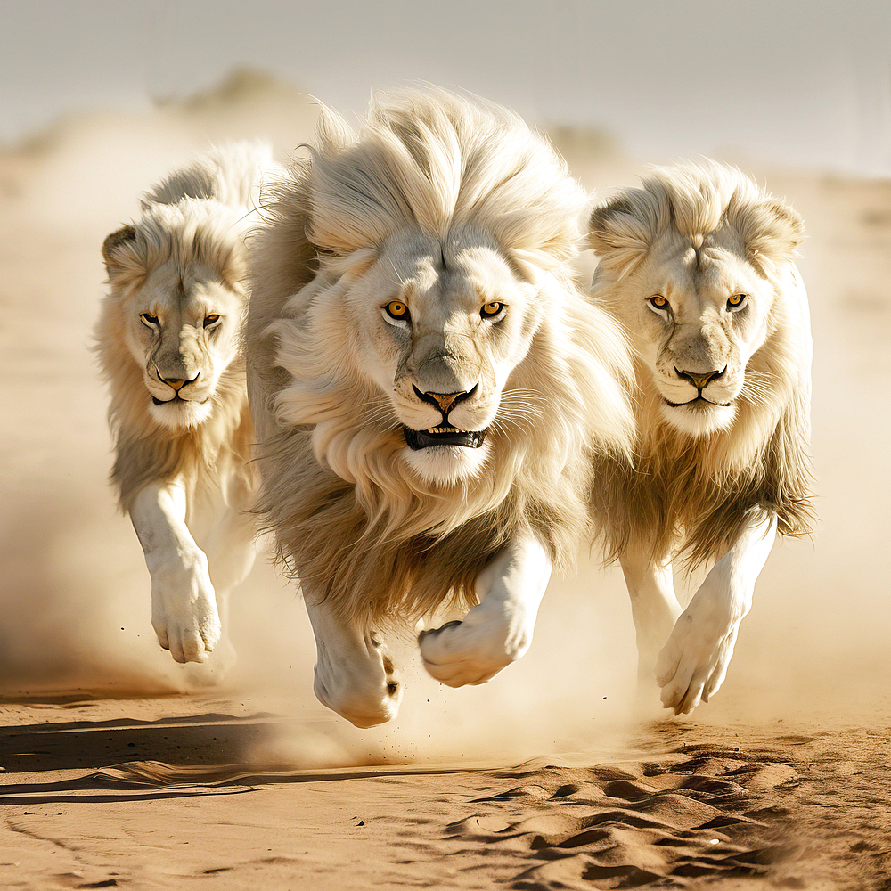 AI generated image of male lions running in the desert, Namibia, Africa