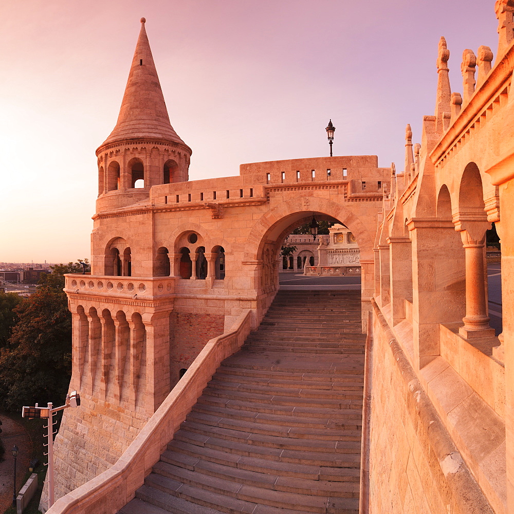 Fisherman's Bastion at sunrise, Buda Castle Hill, Budapest, Hungary, Europe