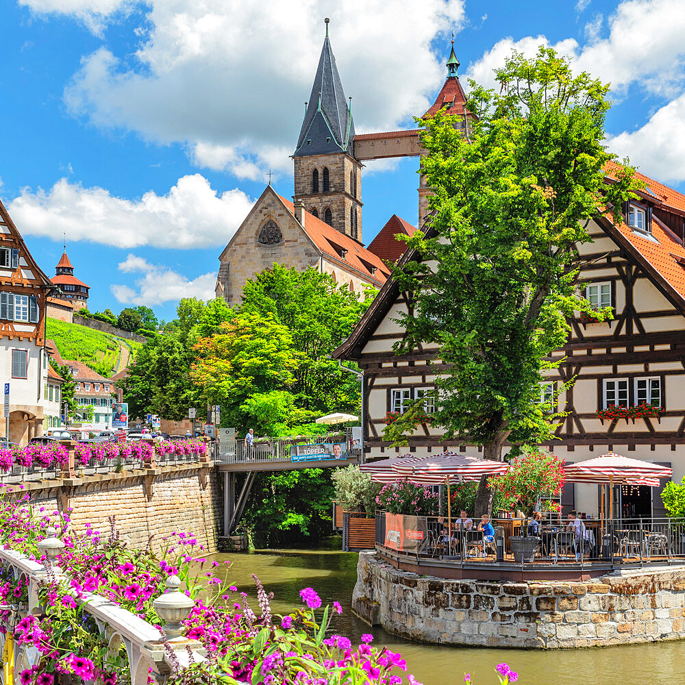 View over Rossneckar Canal to St. Dionys church and the castle, old town of Esslingen am Neckar, Baden-Wurttemberg, Germany, Europe