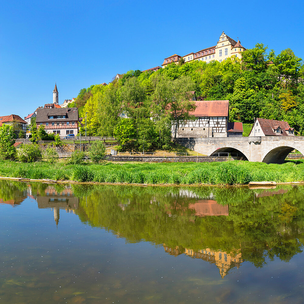 Kirchberg Castle reflecting in Jagst River, Kirchberg an der Jagst, Hohenlohe, Baden-Wurttemberg, Germany, Europe