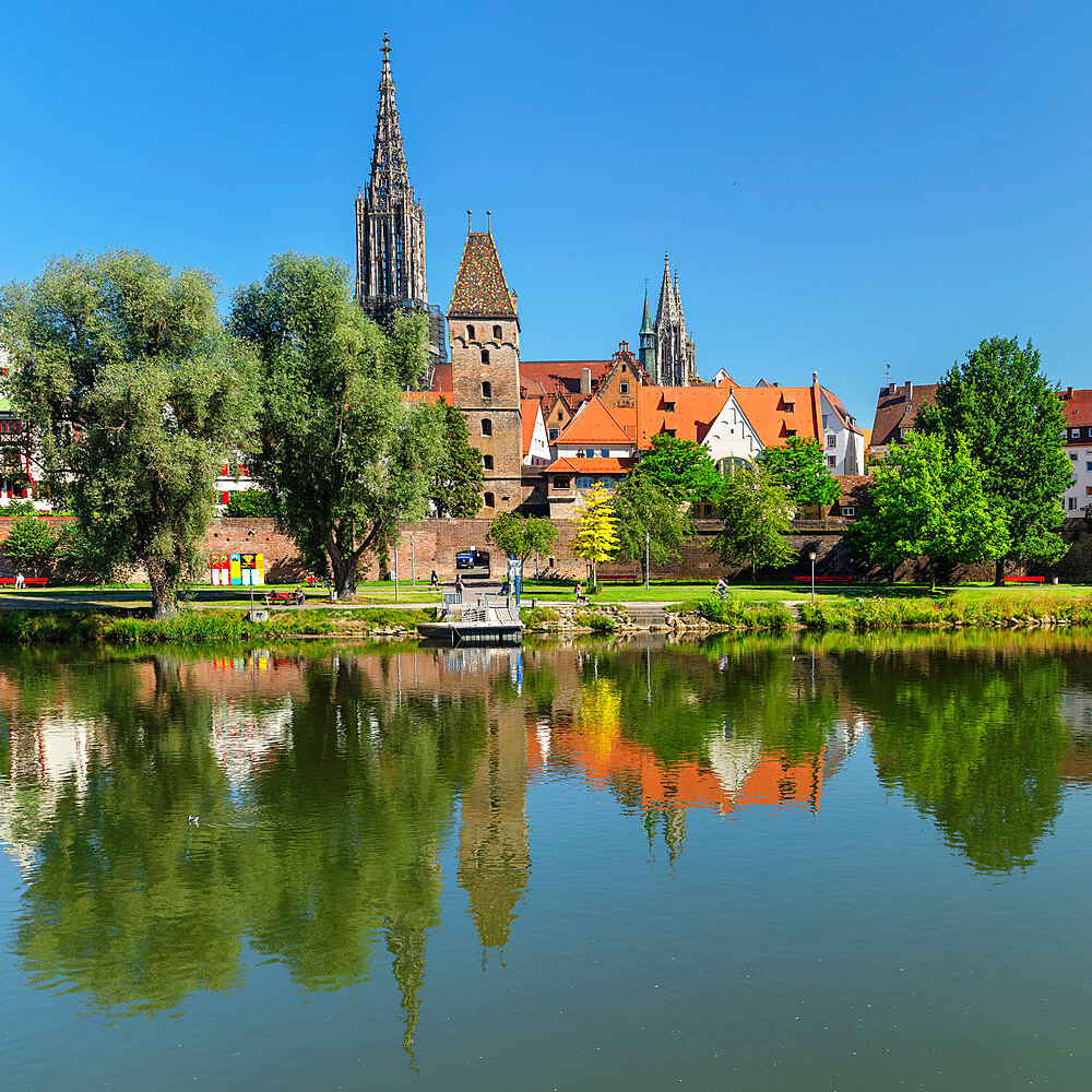 View over Danube River to Ulm Minster and the Old Town, Ulm, Baden-Wurttemberg, Germany, Europe