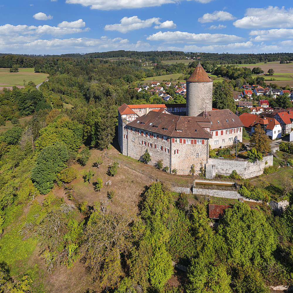 Aerial of Reichenberg Castle, Oppenweiler, Swabian-Franconian Forest Nature Park, Baden-Wurttemberg, Germany, Europe