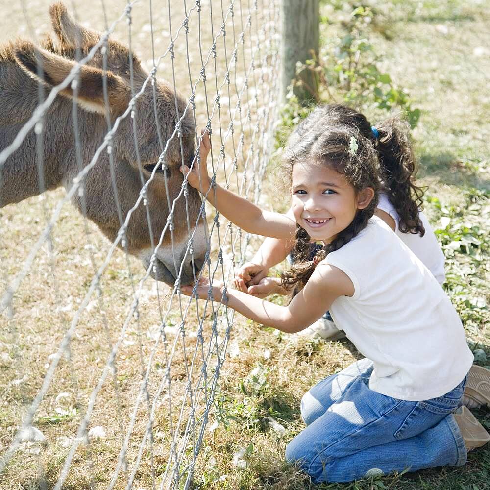 Hispanic sisters petting donkey