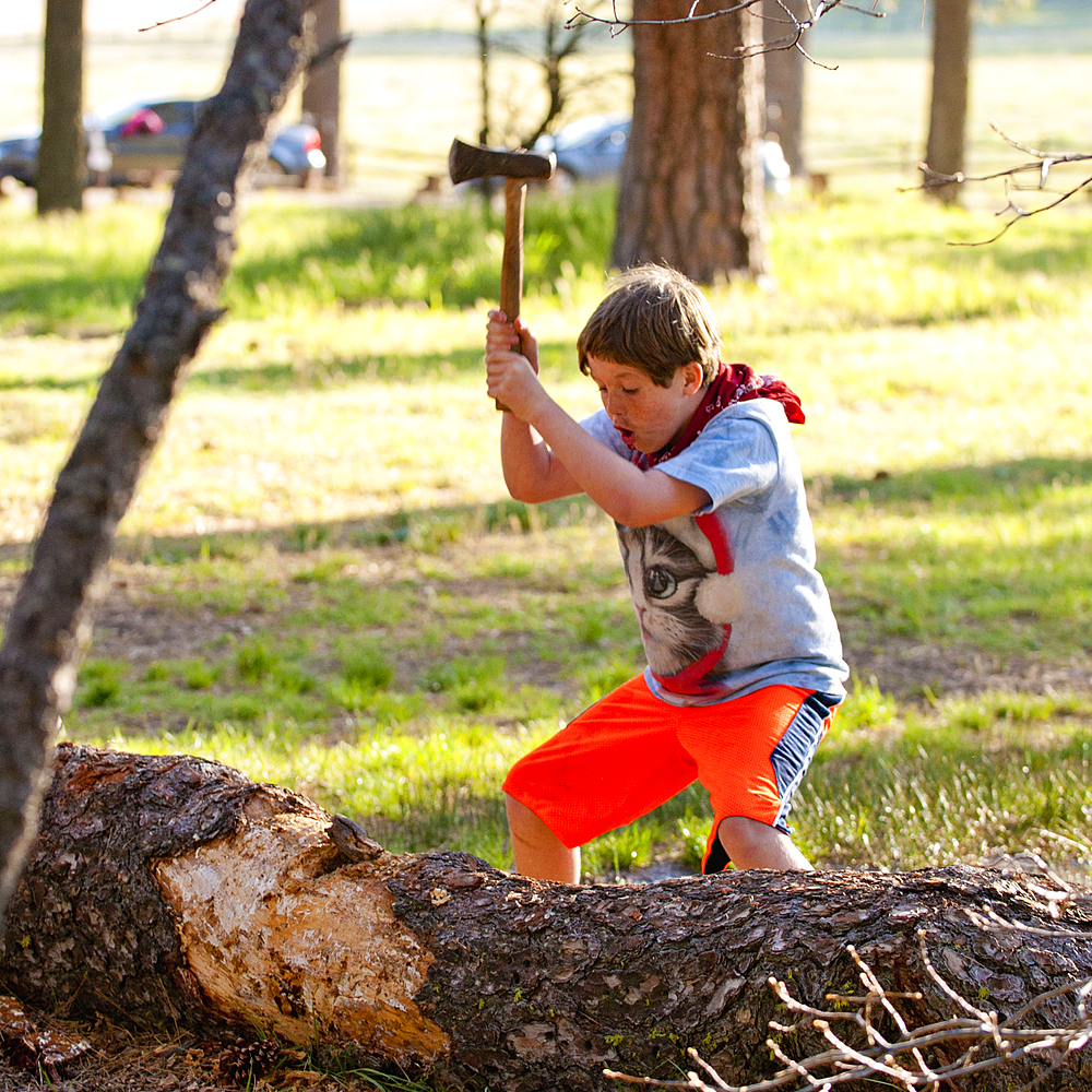 Caucasian boy chopping log with axe