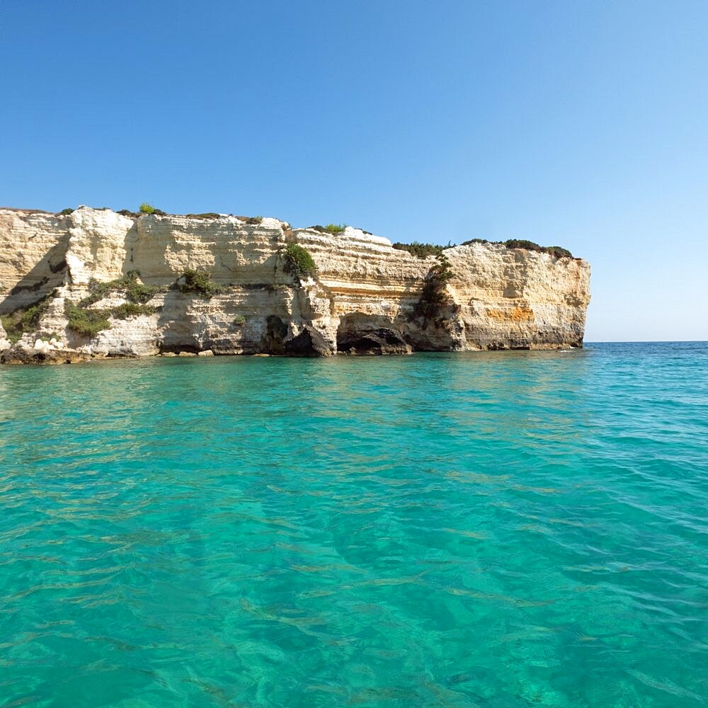 Italy, Apulia, Lecce Province, Otranto, Baia Del Mulino D'acqua, Cliffs on sea coast