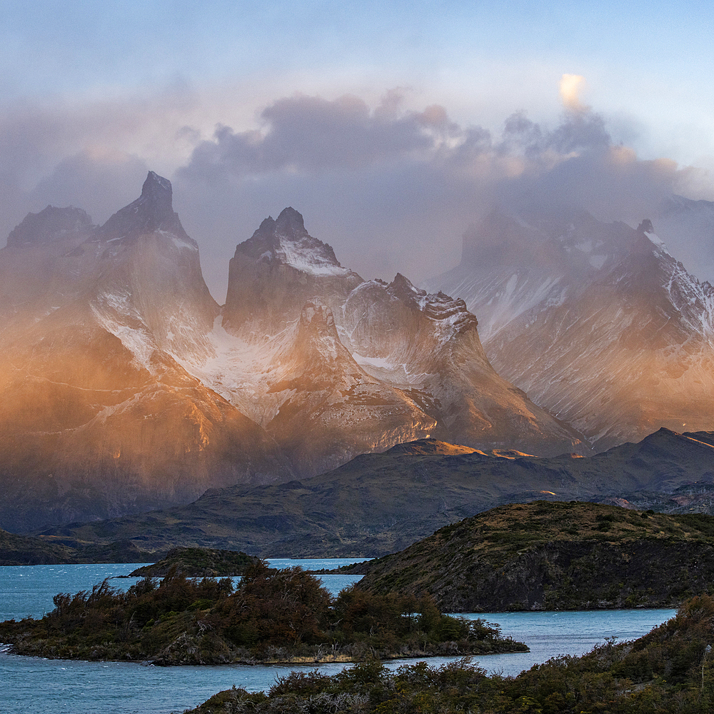 Lake and Peaks of Torres Del Paine in sunlight