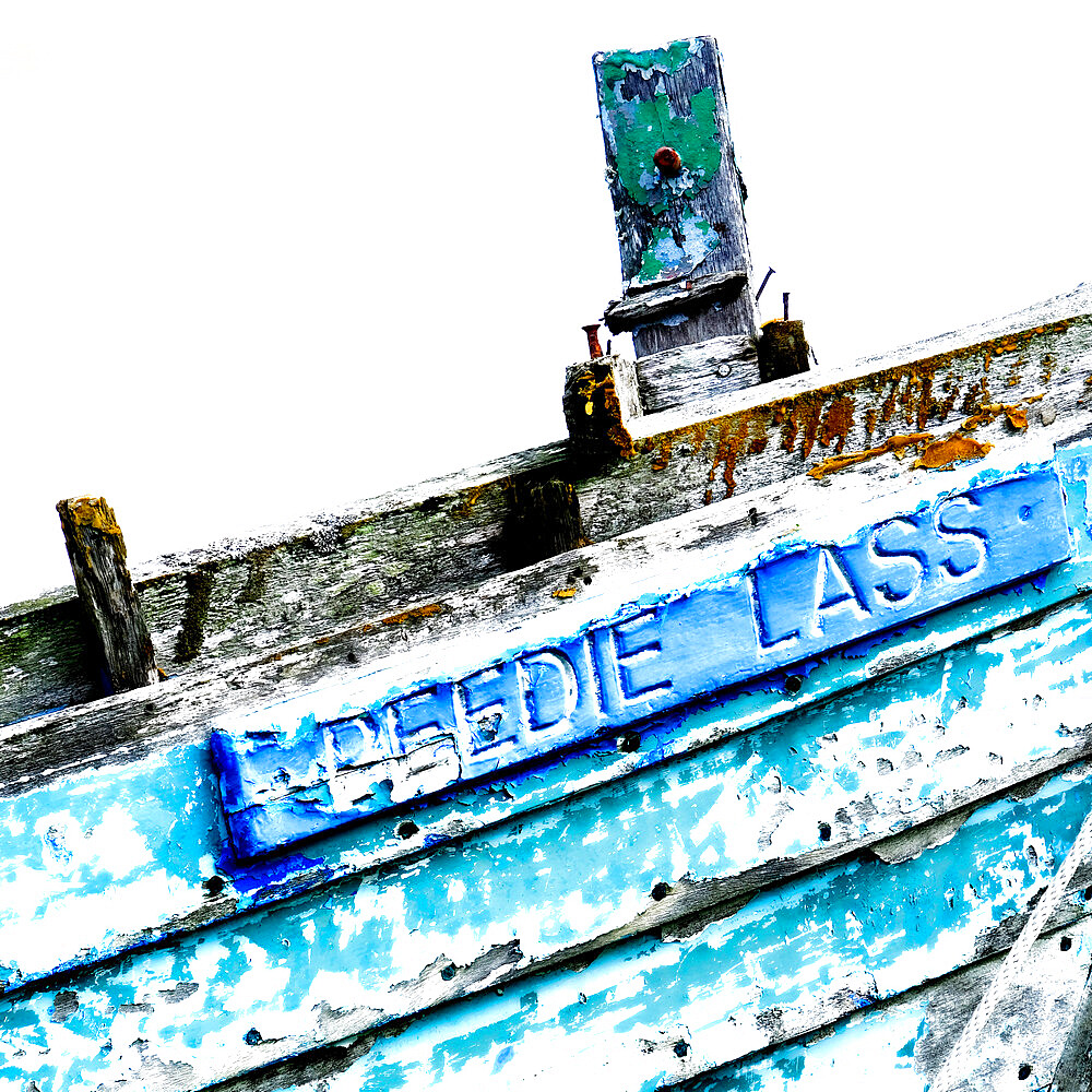 High Key image of weathered Creel Boat Peedie Lass, Cromarty Boatyard, The Black Isle, Moray, Scotland, United Kingdom, Europe