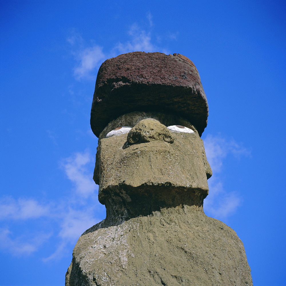 Ahu Ko Te Riku at Tahai, the only moai (statue) with restored eyes, Easter Island, Chile