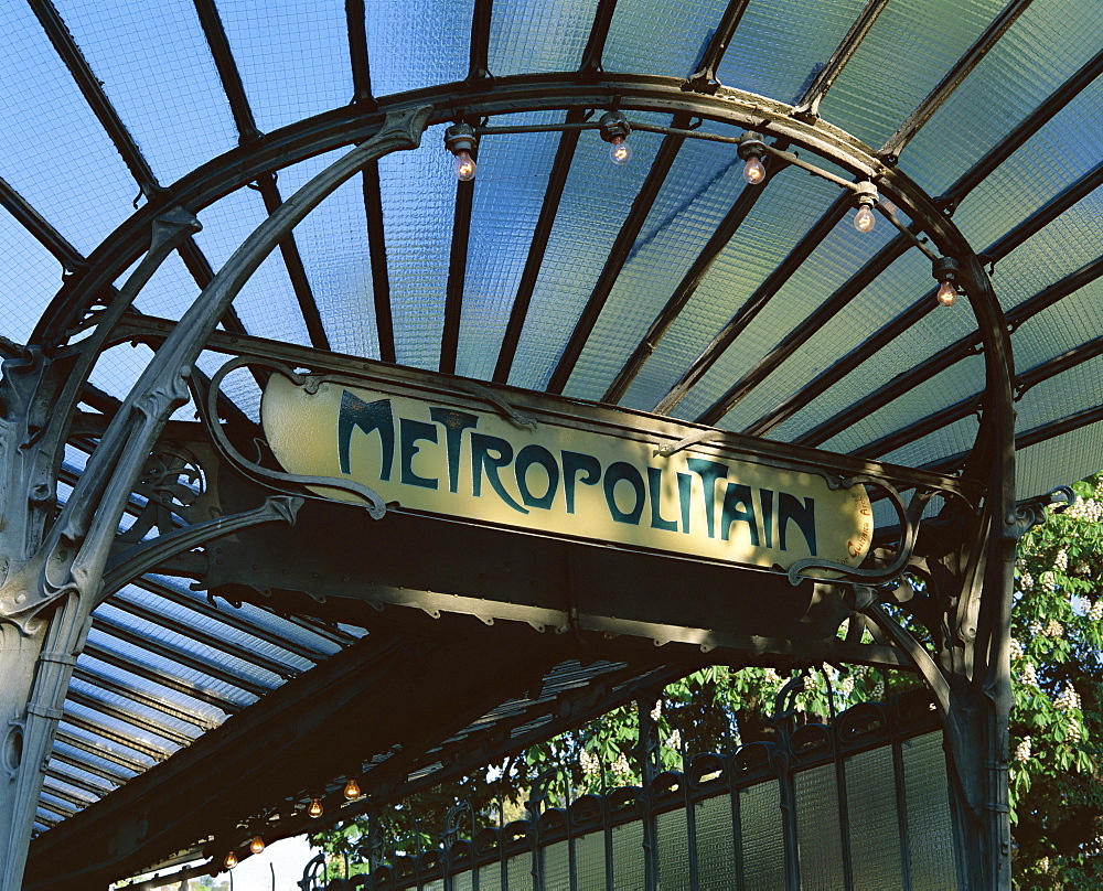 Close-up of Metropolitain (metro) station entrance, art nouveau style, Paris, France, Europe