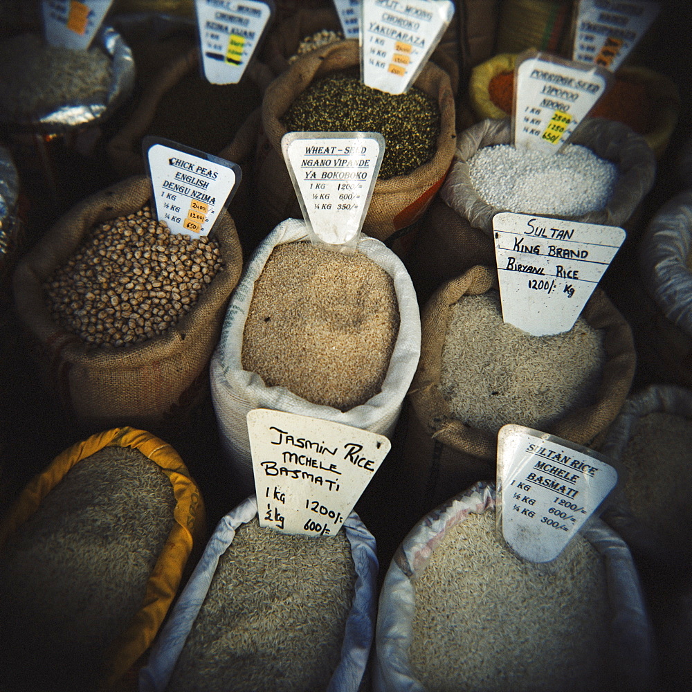 Bags of spices for sale in the market, Stone Town, Zanzibar, Tanzania, East Africa, Africa