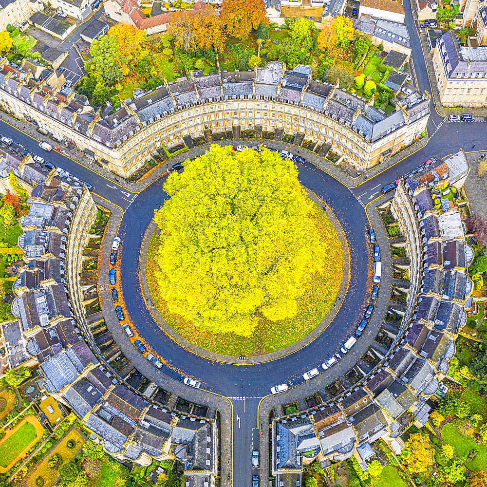 Aerial view by drone over the Georgian housing of The Circus, UNESCO World Heritage Site, Bath, Somerset, England, United Kingdom, Europe