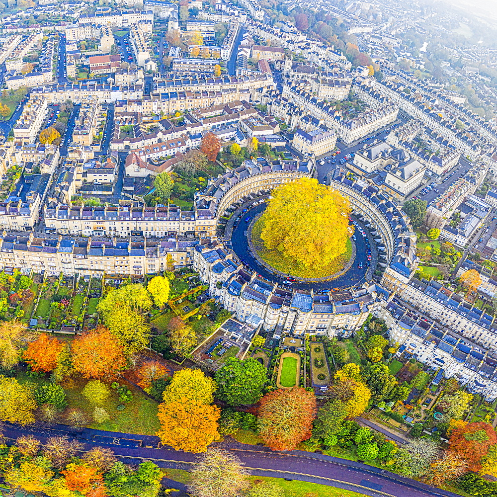 Aerial view by drone over the Georgian housing of The Circus, UNESCO World Heritage Site, Bath, Somerset, England, United Kingdom, Europe