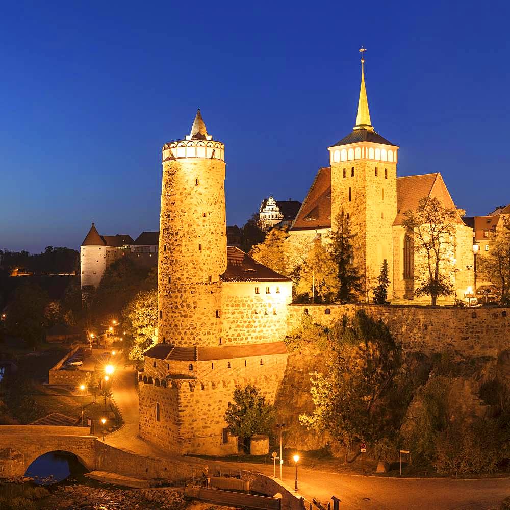 Old Water Art and St. Michael's Church at Night, Bautzen, Oberlausitz, Saxony, Germany, Europe