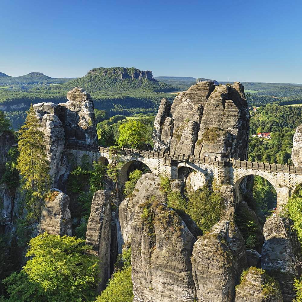 Bastei Bridge, Bastei near Rathen, Elbe Sandstone Mountains, Saxon Switzerland National Park, Saxony, Germany, Europe