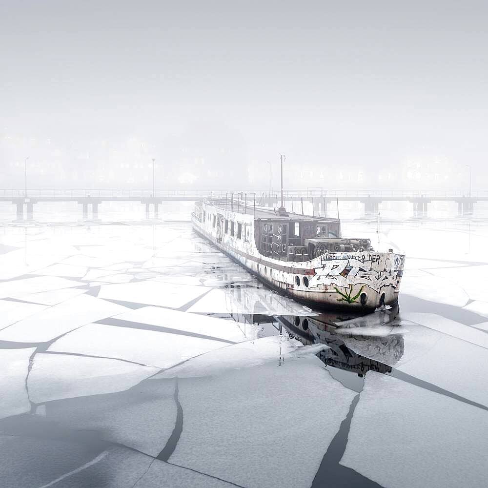 Fog at the abandoned passenger ship MS Dr. Ingrid Wengler in Osthafen, Berlin, Germany, Europe