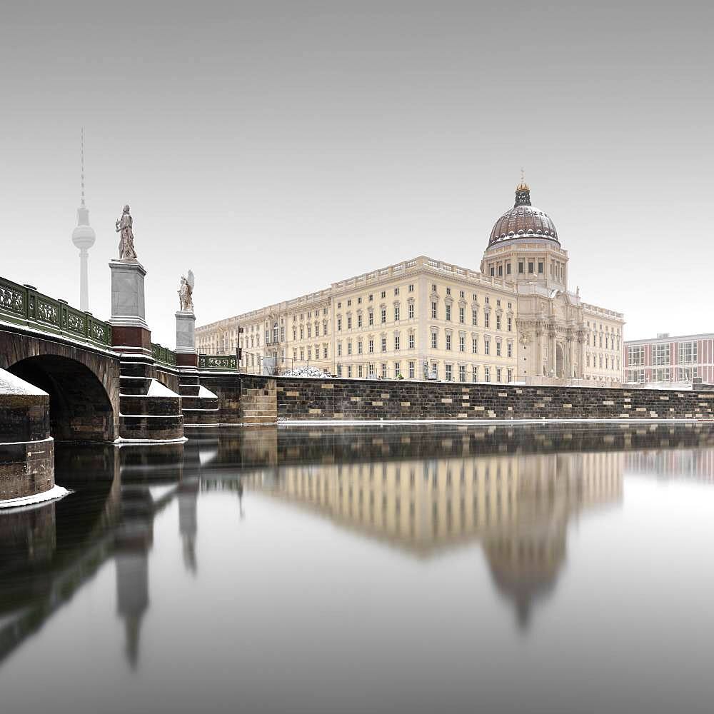 Newly built city palace, Humboldforum on the river Spree in winter in Berlin, Germany, Europe