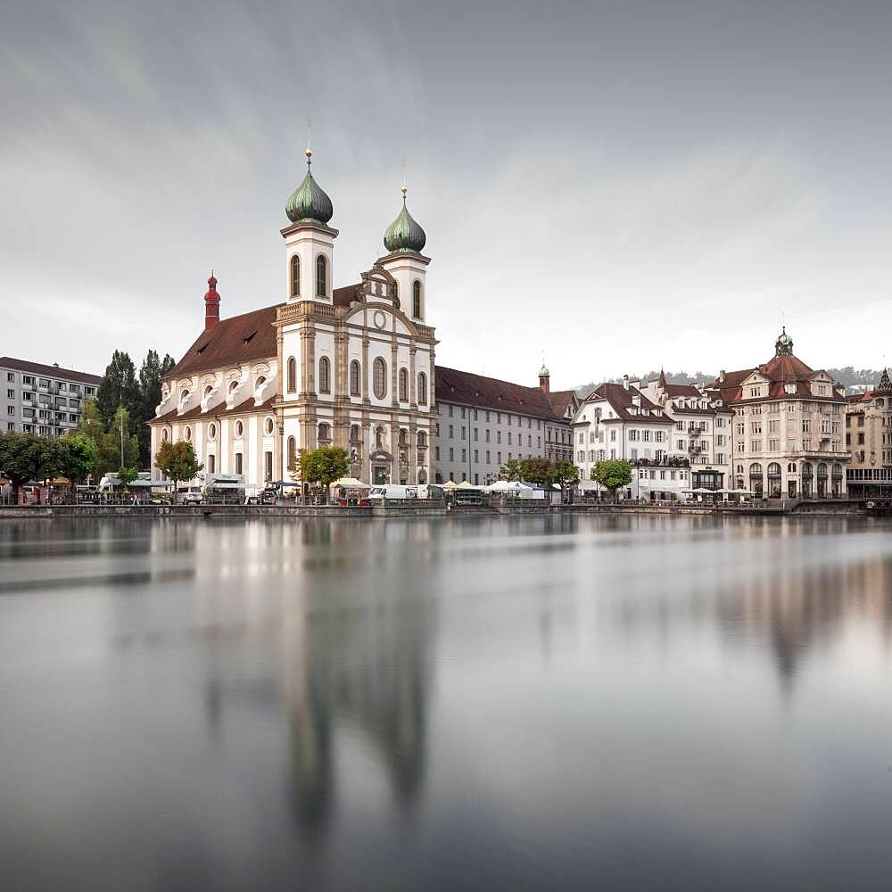 Long exposure of the Jesuit Church with reflection, Lucerne, Switzerland, Europe