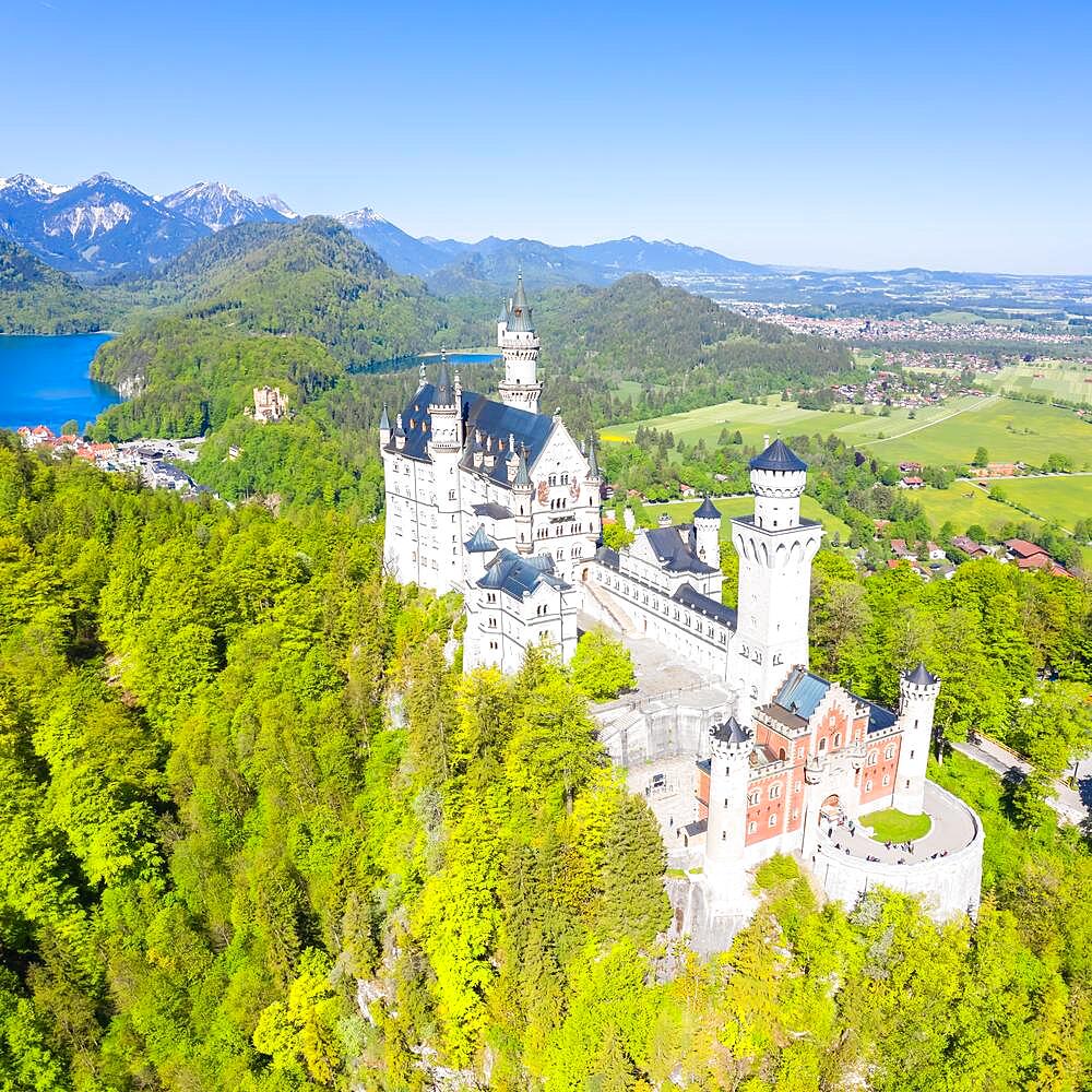 Neuschwanstein Castle Aerial View Architecture Alps Landscape Bavaria Travel Square in Fuessen, Germany, Europe