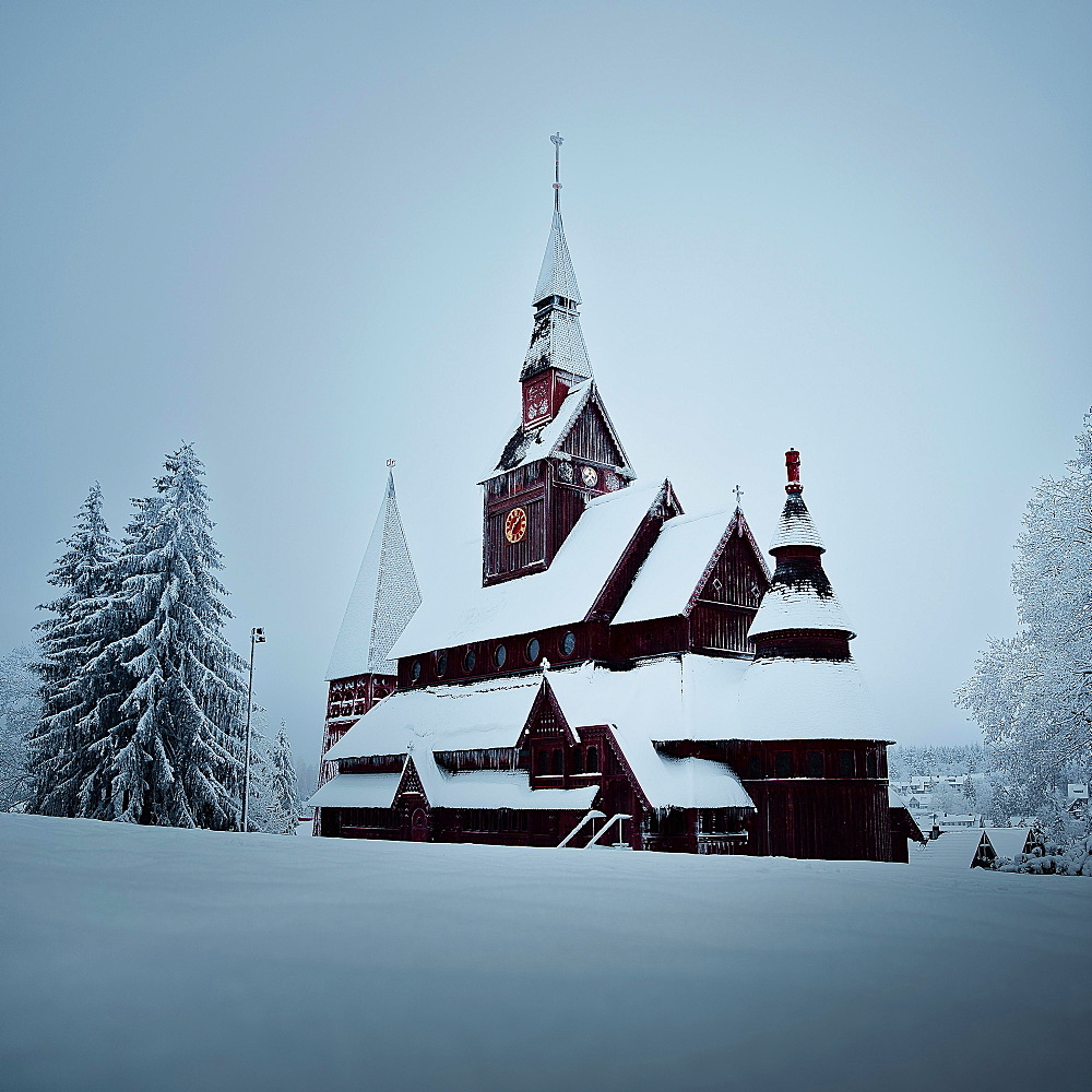 Snow and Stave Church Hahnenklee in winter, Golar, Harz National Park, Lower Saxony, Germany, Europe