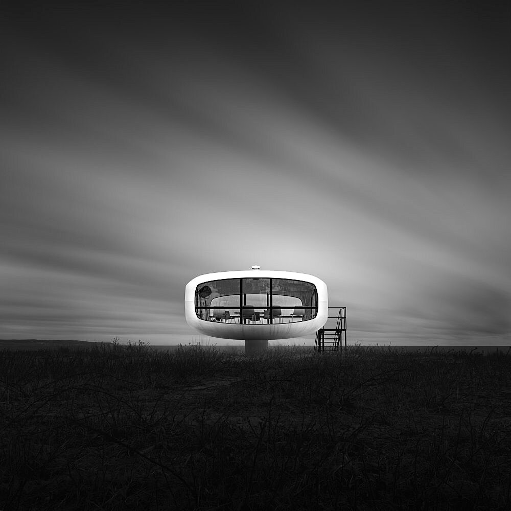 Black and white long exposure of the Binz registry office, designed by the architect Ulrich Muether on Ruegen, Germany, Europe