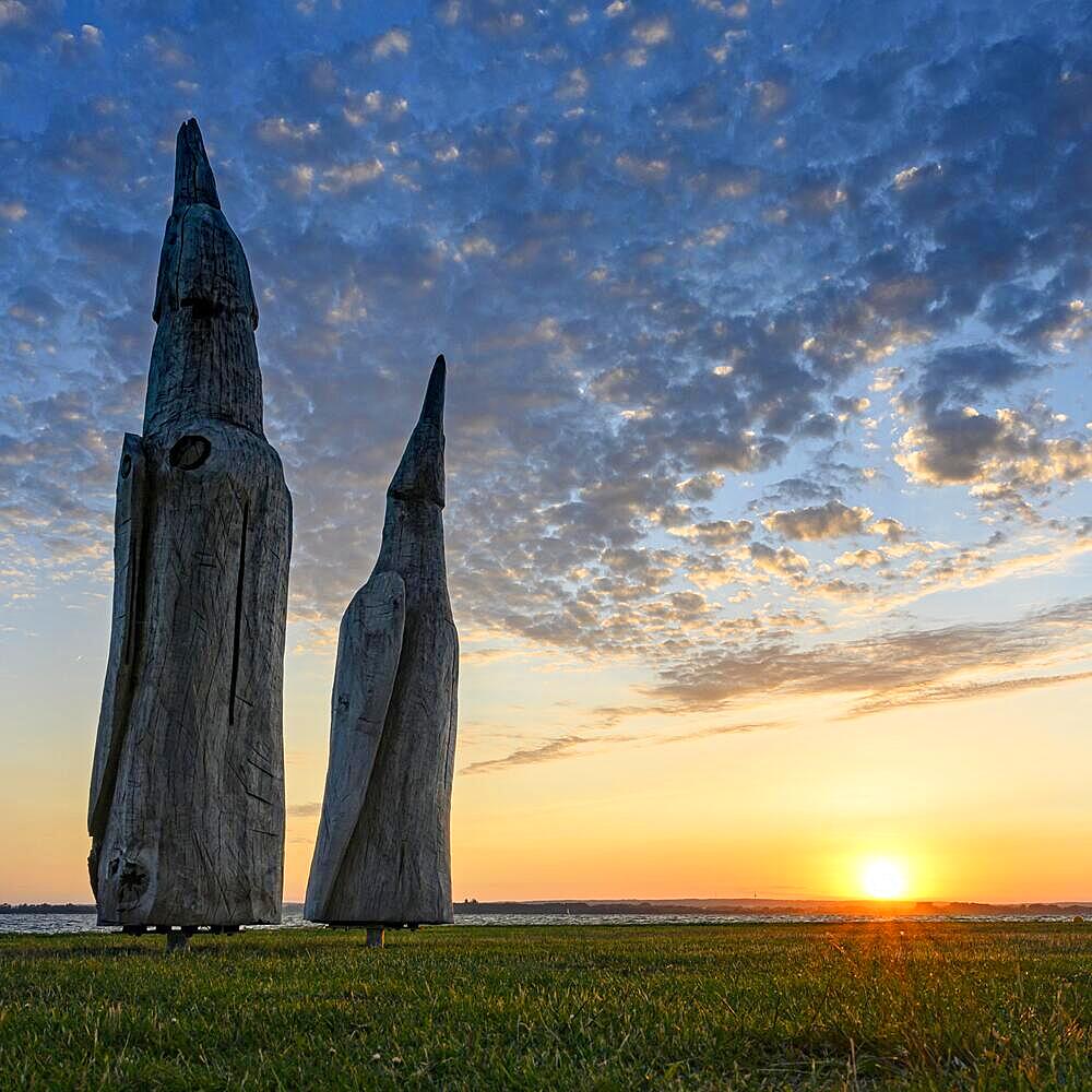 Artwork at Lake Duemmer at sunset, Huede, Lower Saxony, Germany, Europe