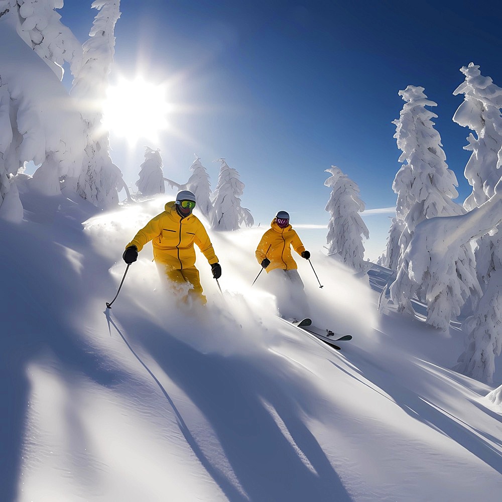 Skier skis fast down a slope on heavily snowy slope, blue sky and sunshine