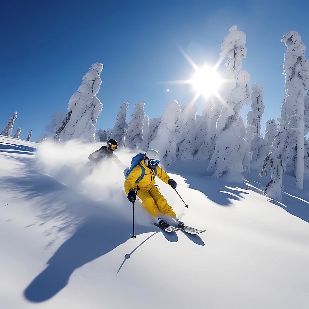 Skier skis fast down a slope on heavily snowy slope, blue sky and sunshine