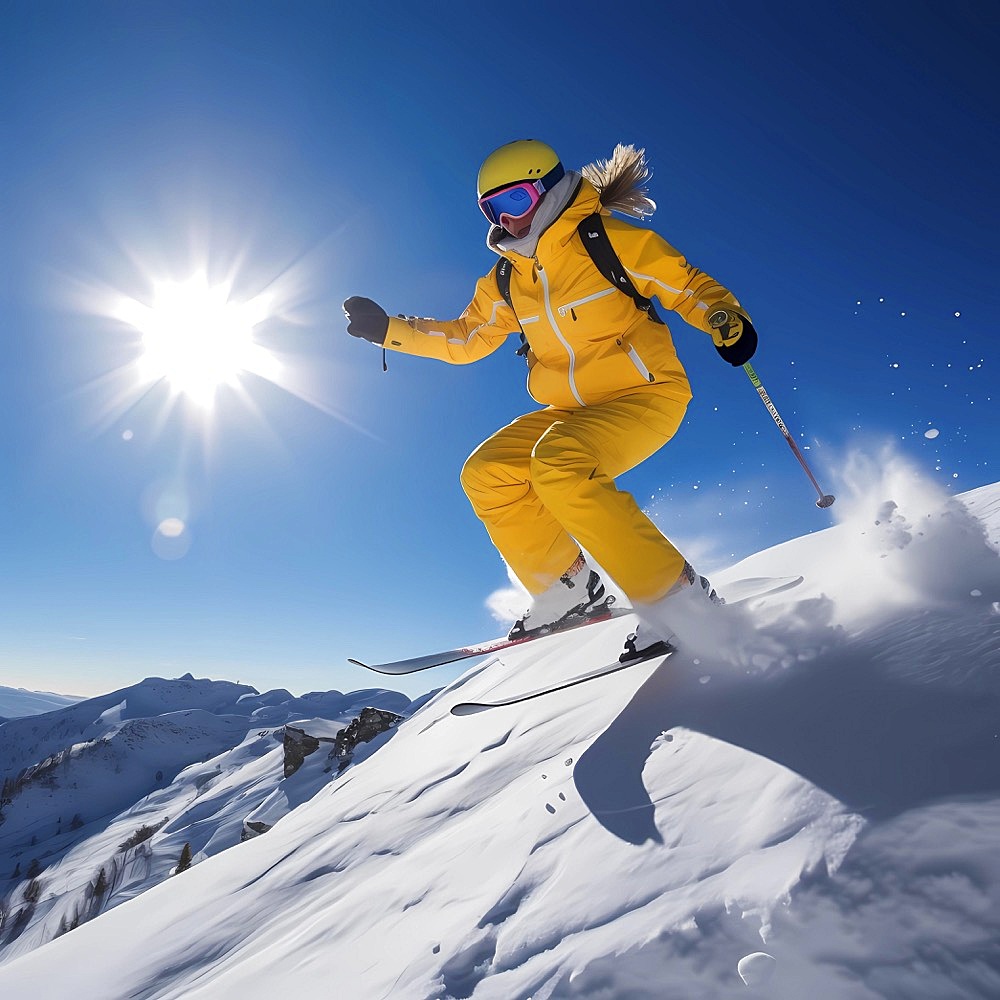 Skier skis fast down a slope on heavily snowy slope, blue sky and sunshine