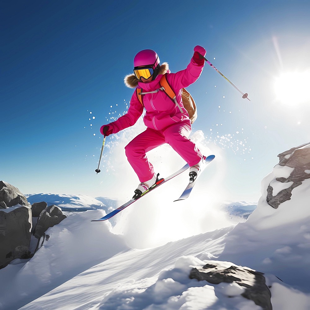 Skier skis fast down a slope on heavily snowy slope, blue sky and sunshine