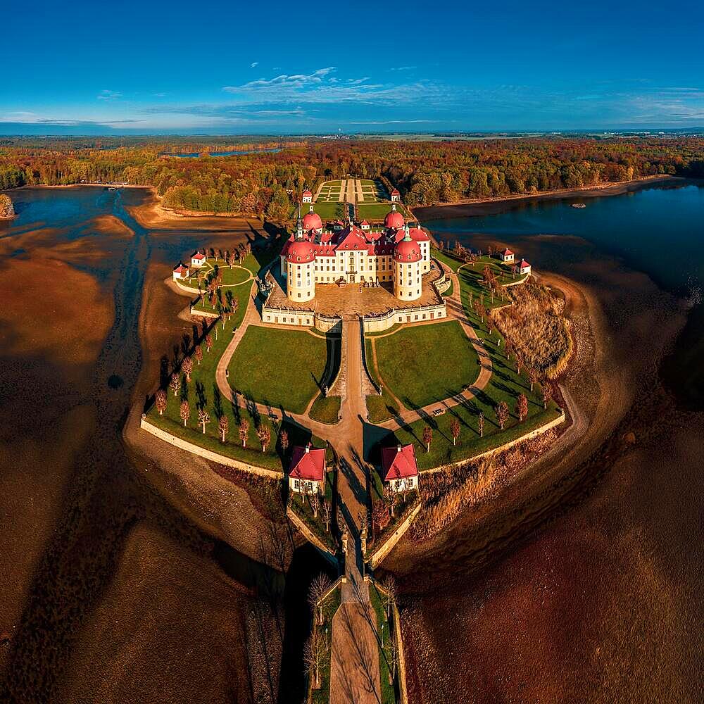 Panoramic view on Moritzburg Castle, Germany. Drone photography