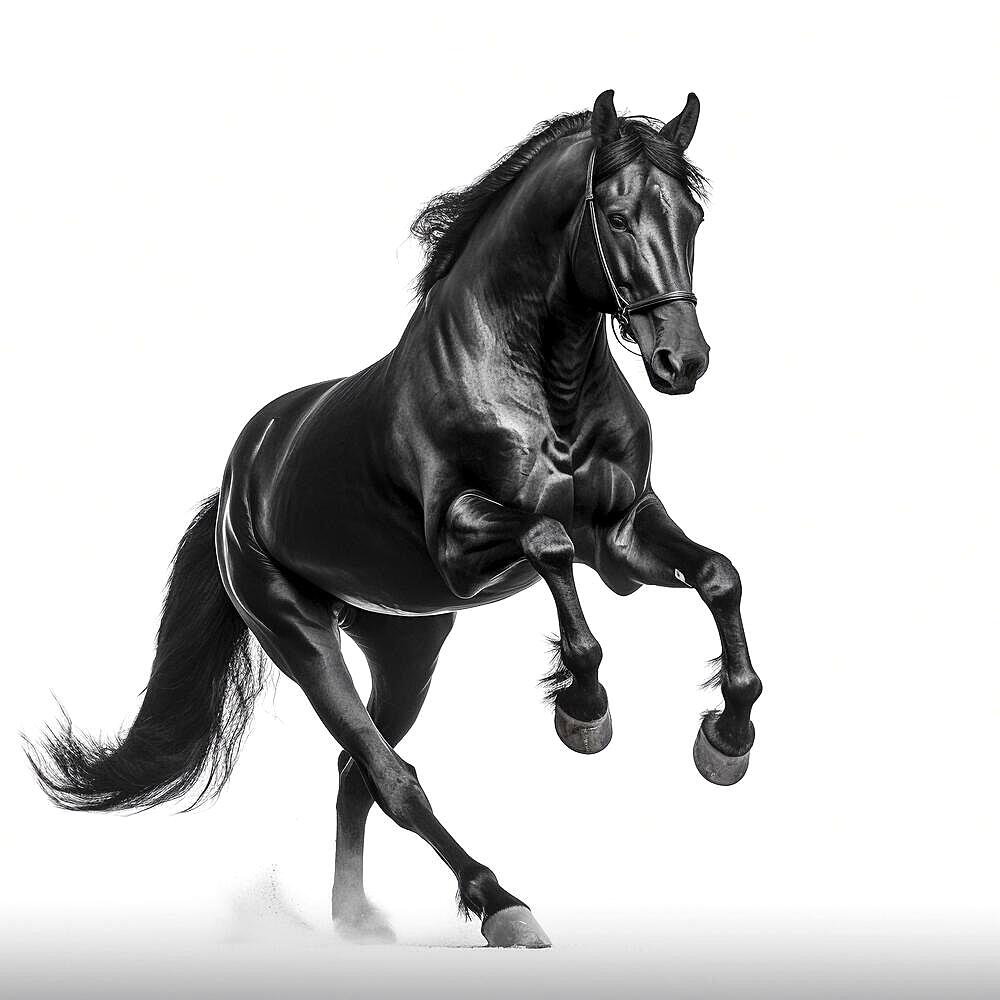 Black horse (Equidae), against white background, AI generated