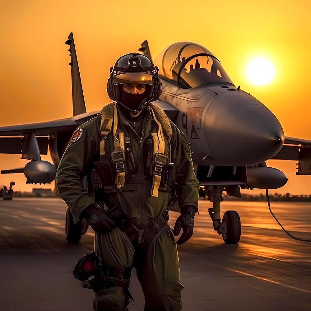 Young proud pilot stands in front of his F 14 fighter plane, AI generated