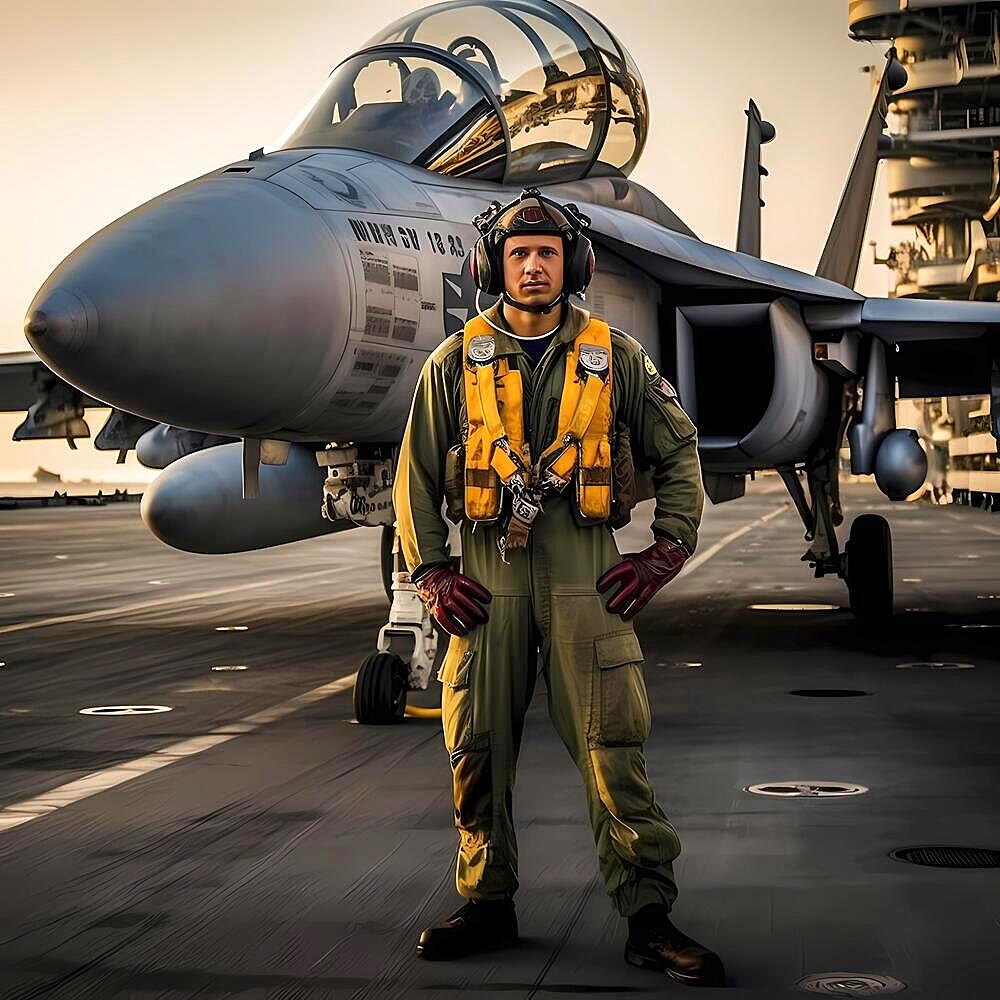 Young proud pilot stands in front of his F 14 fighter plane, AI generated