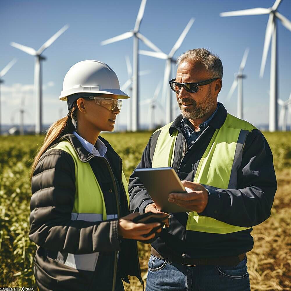 An architect and an engineer plan and inspect a wind farm, ai generated