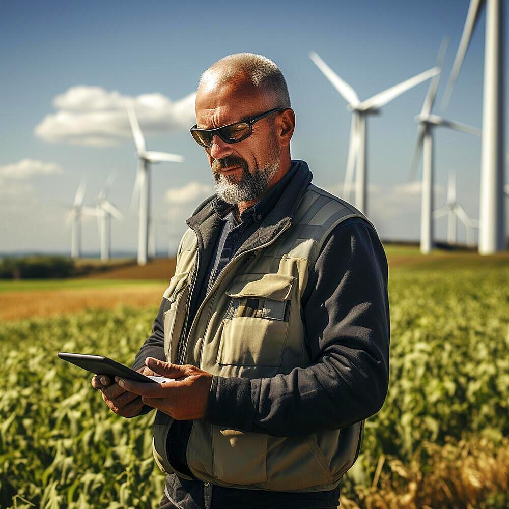 An architect and an engineer plan and inspect a wind farm, ai generated