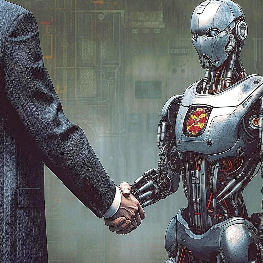 Manager shakes the hand of a robot, ai generates