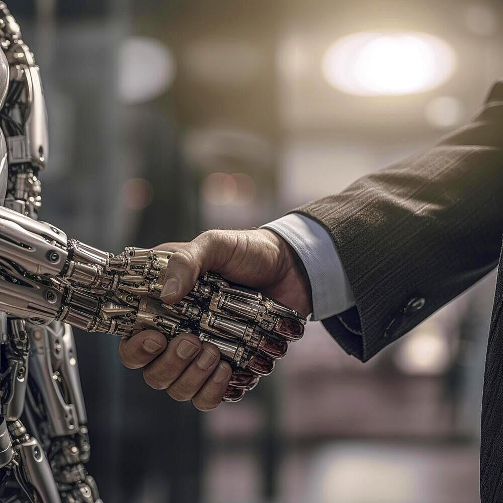 Manager shakes the hand of a robot, ai generates