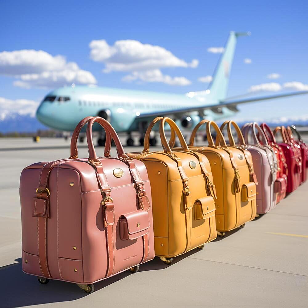 Luxury travel in private jet for super rich people, vacation suitcases stand in front of a private jet, ai generated