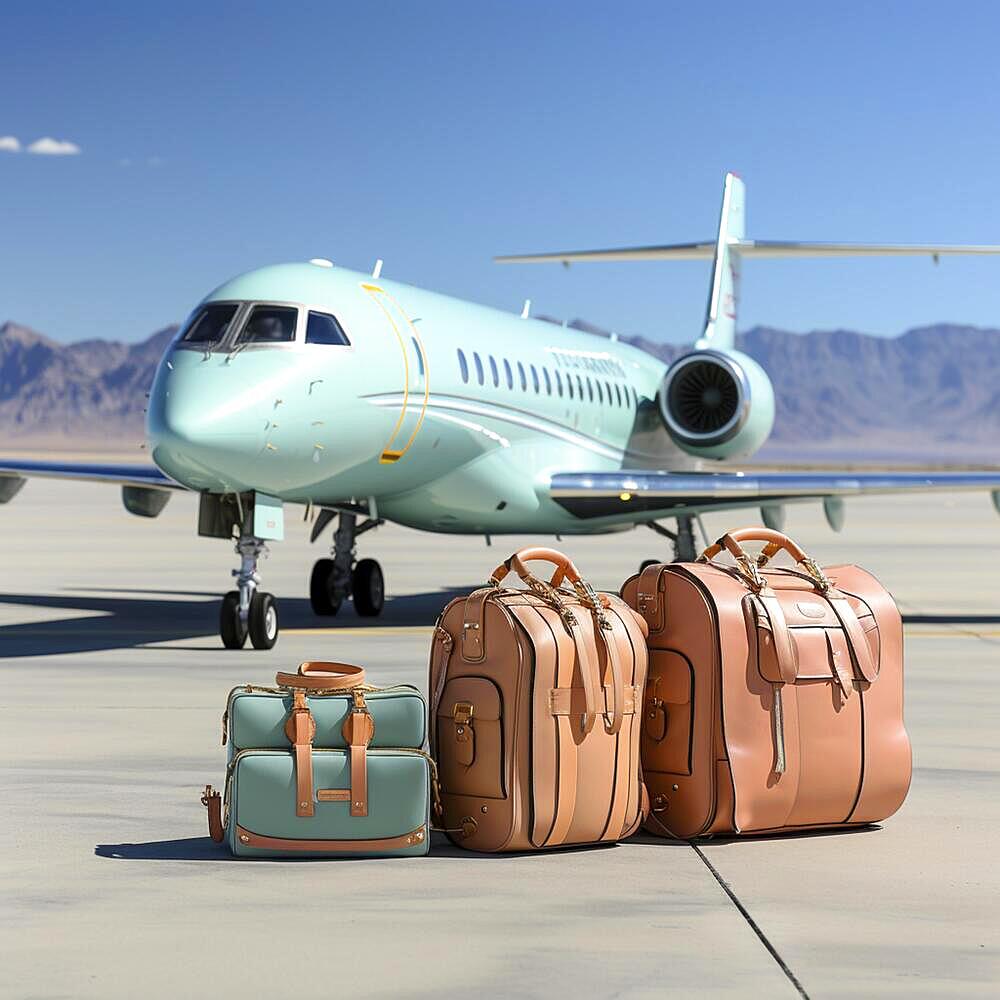 Luxury travel in private jet for super rich people, vacation suitcases stand in front of a private jet, ai generated