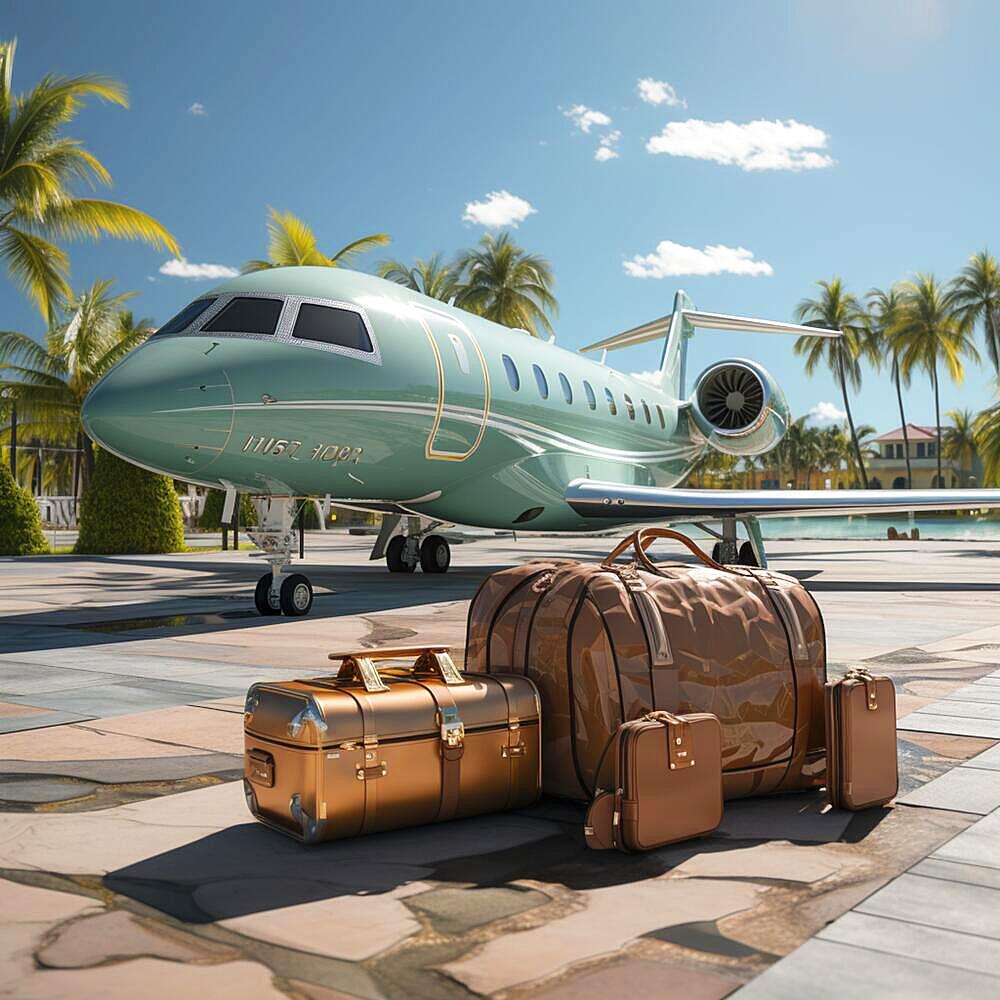 Luxury travel in private jet for super rich people, vacation suitcases stand in front of a private jet, ai generated